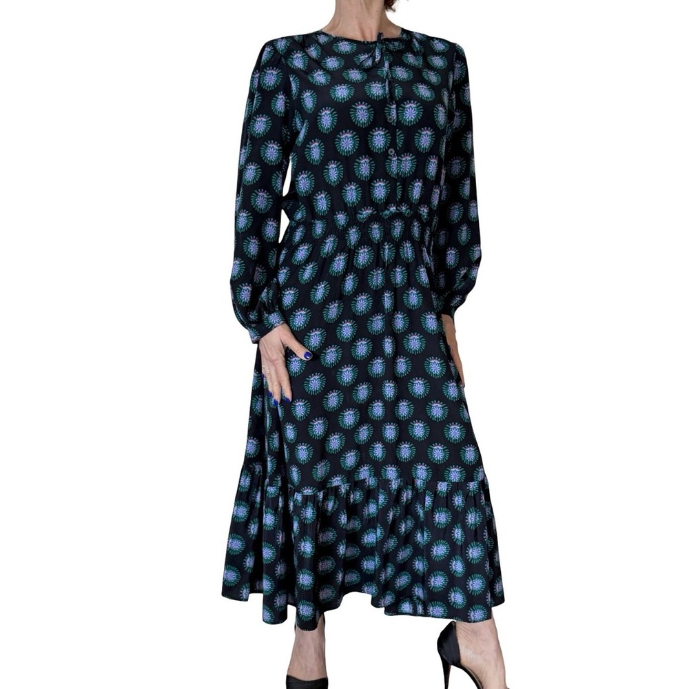 Tucker NYC  JULIETTE Dress‎ Black Silk Floral Midi  Smocked Flowy Boho Medium